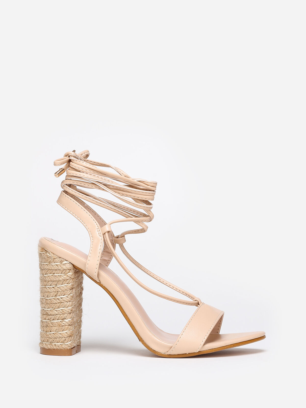 Sandales à talon cordage avec laçage- Beige