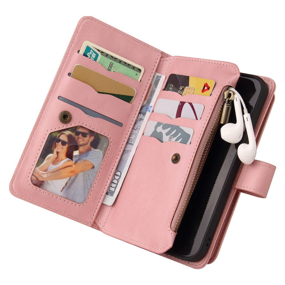 iPhone 14 Pro Max Leder Wallet Etui Tasche mit 13 Kartenfächern   Münzfach - Rosa