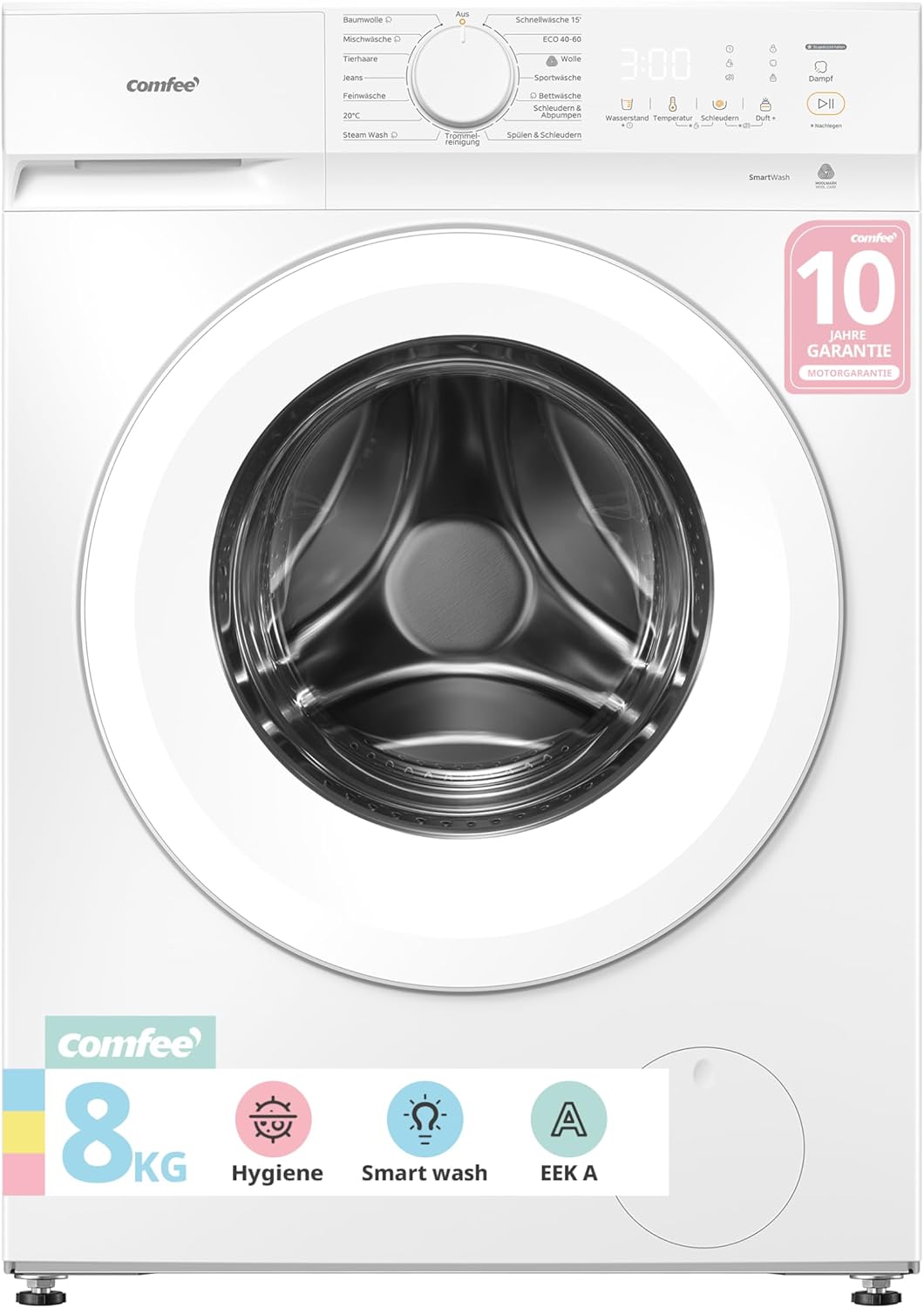 Comfee Waschmaschine 8kg, Washing machine mit Tierhaar-Programm & Dampffunktion,16 Programme,Energy Efficiency Class A-10%,Nachlegefunktion, Leise & Energiesparend, CF08EWP05W, Weiß