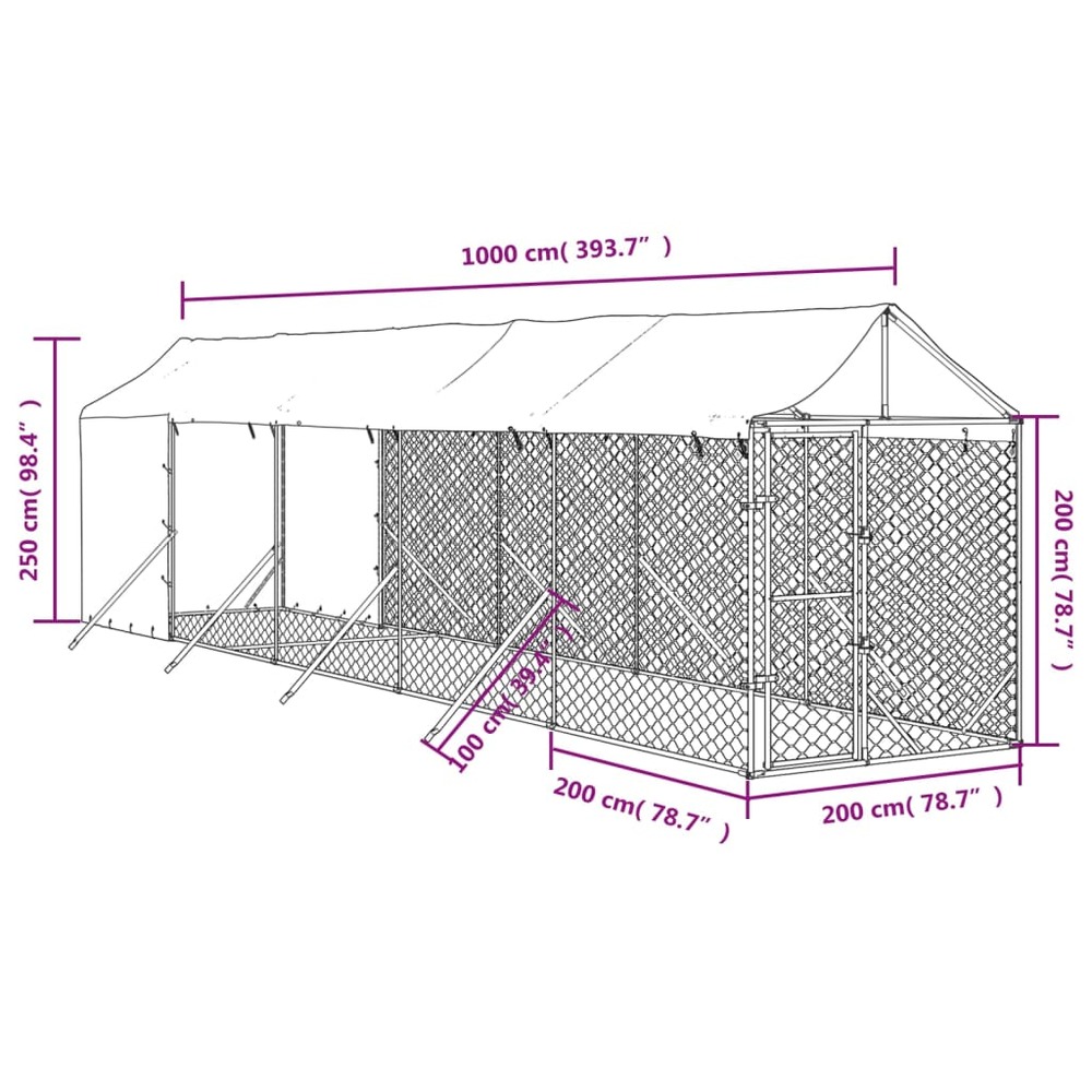 Chenil d'extérieur pour chiens avec toit argenté 2x10x2,5 m