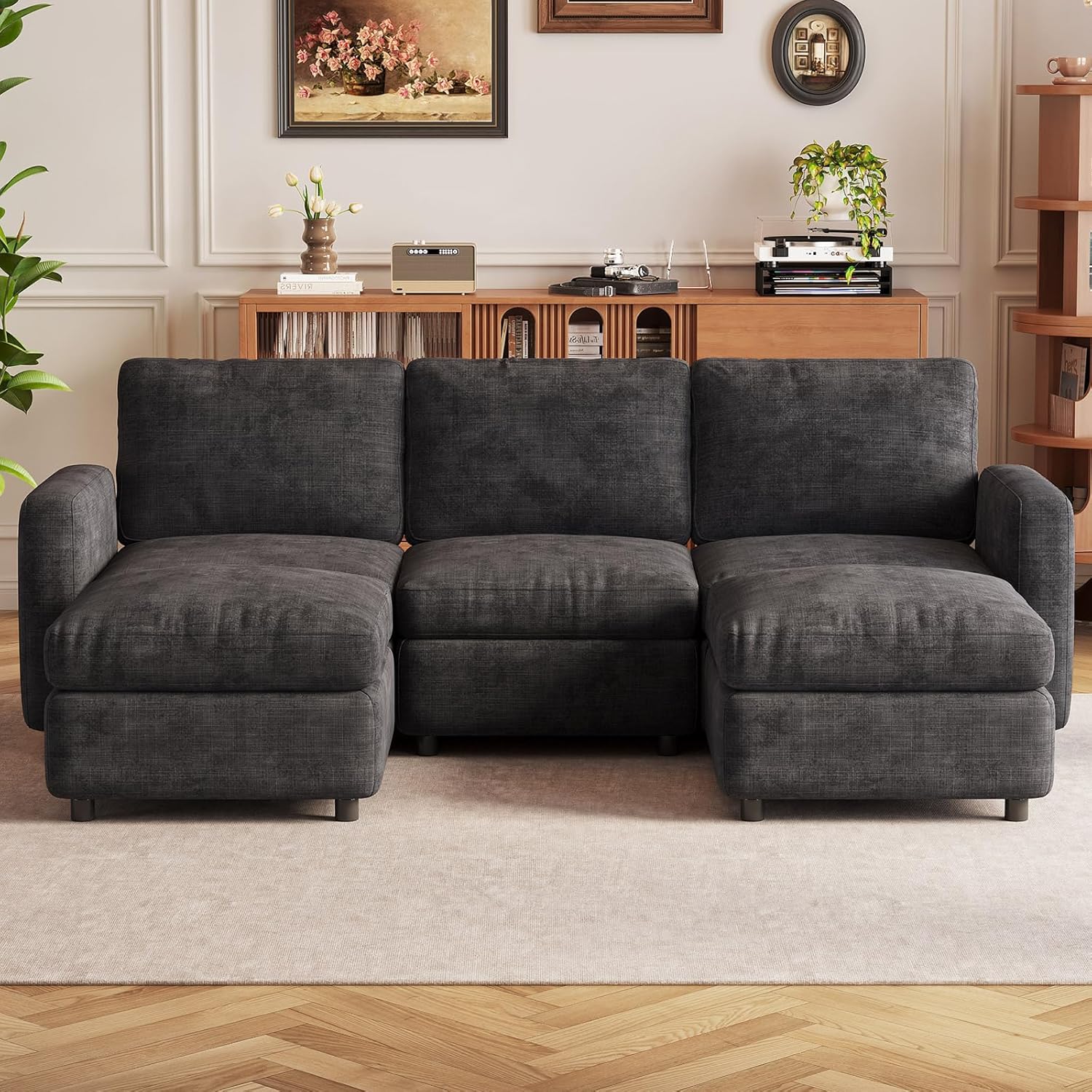 Guyii Modulares Samtsofa mit Stauraumhocker, kombinierbare Couch mit beweglichem Fußhocker, weiches Polstersofa für Wohnzimmer, Verschiedene Module und Sitzplätze (5-Sitzer (3-Sitzer + 2 Hocker))