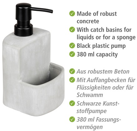 WENKO Spülmittelspender »Modell Festival« aus Beton, angesagter Industrial Look, mit Spülschwamm-Fach, 380 ml
