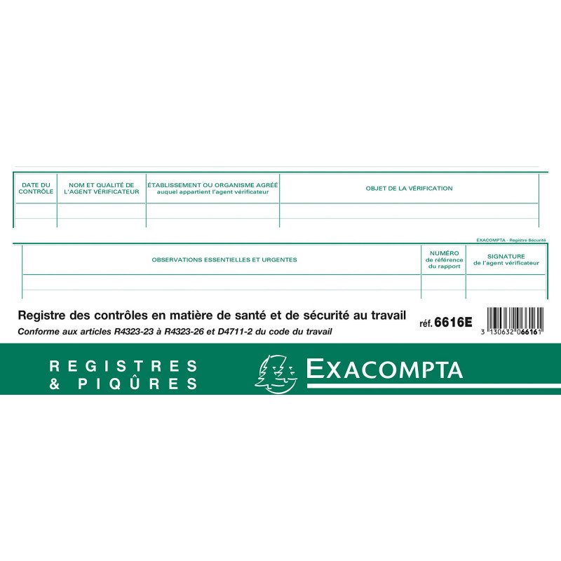 Registre imprimé contrôle de sécurité Exacompta 6616E - 24 x 32 cm 20 pages