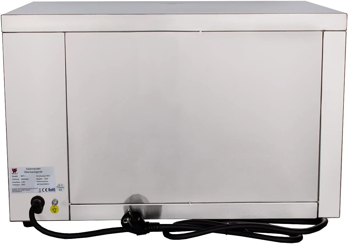Beeketal 'BSP-2' Profi Gastro Salamander Grill Überbackgerät aus Edelstahl mit 1 Gitter (4 Höhen), 5-30 Minuten Timer, Thermostat 50-300 °C (direkt an der Heizspirale), extra Krümelschublade