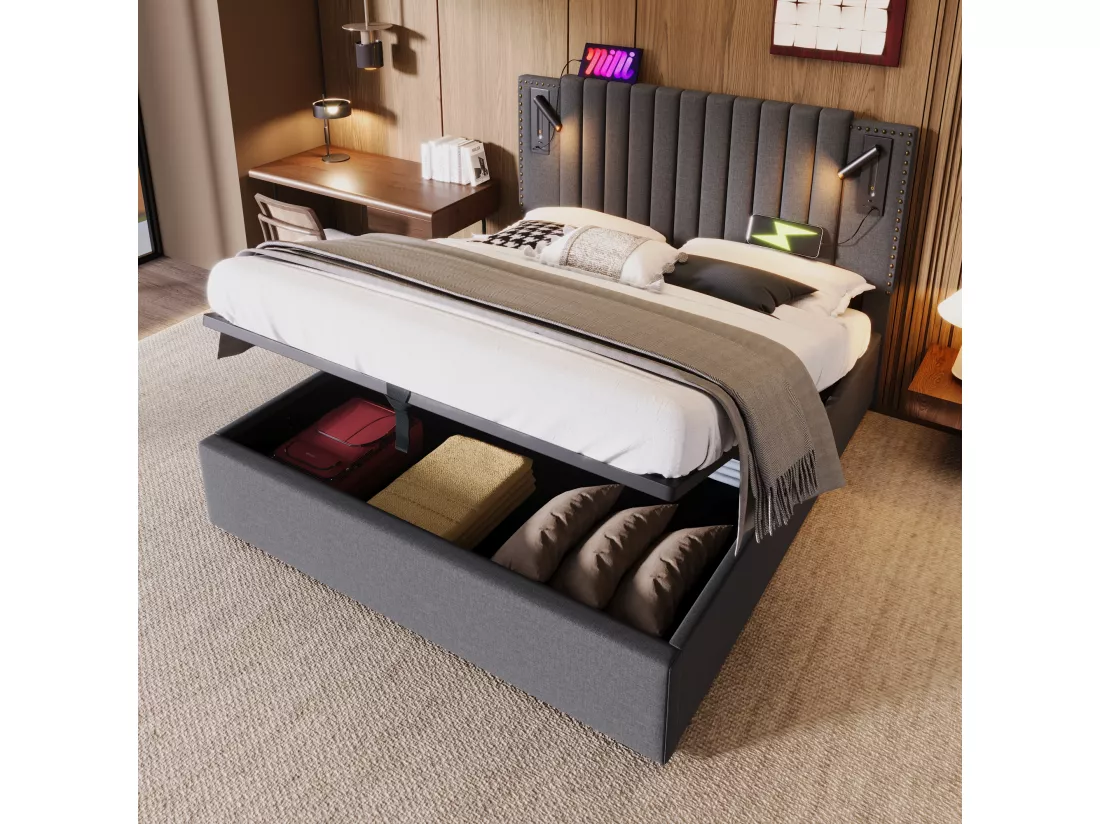 Lit coffre 160 x 200 cm avec tête de lit - Prises USB et lampe de lecture - Tissu en coton - motif rivet - Gris (sans matelas)