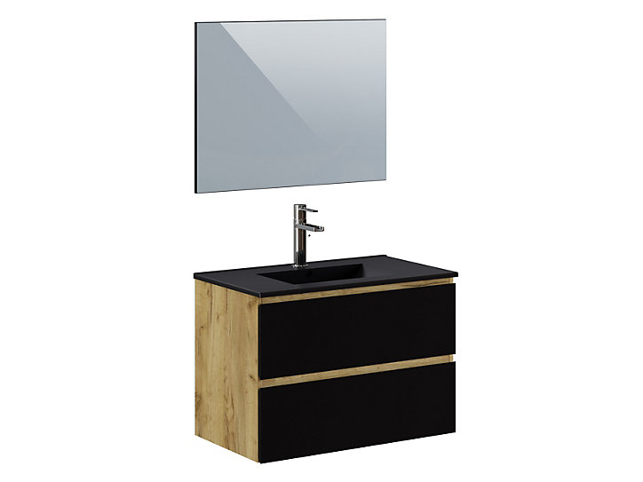 Meuble de salle de bains sous vasque à suspendre l.80 cm noir mat Milenio + plan vasque en résine noire + miroir