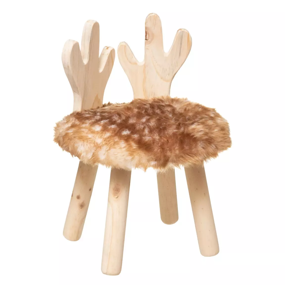 Tabouret enfant bois et fausse fourrure (H38 cm) Cerf Marron