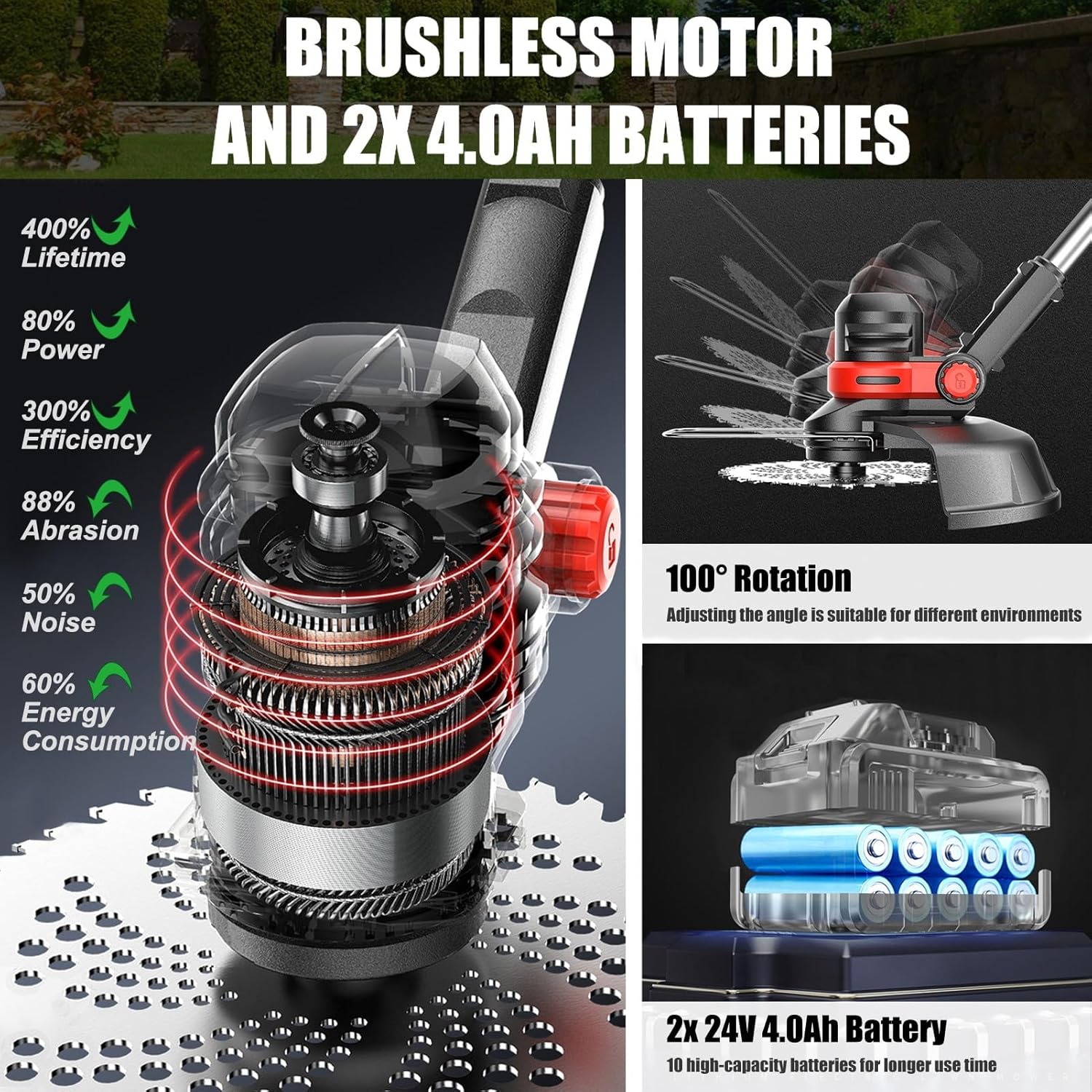 24V Rasentrimmer mit Akku und Unkrautbürste, BRUSHLESS Akku Rasentrimmer für 18V Makita Akku, 4 in 1 Akku Trimmer Messer, 30CM SCHNITTBREITE, 110-160CM Teleskopisch, 2X Akku Freischneider