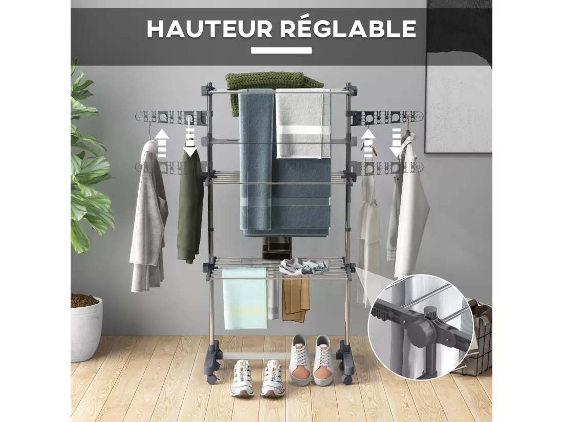 Séchoir à linge étendoir pliable ailes latérales 3 niveaux acier inox PP gris