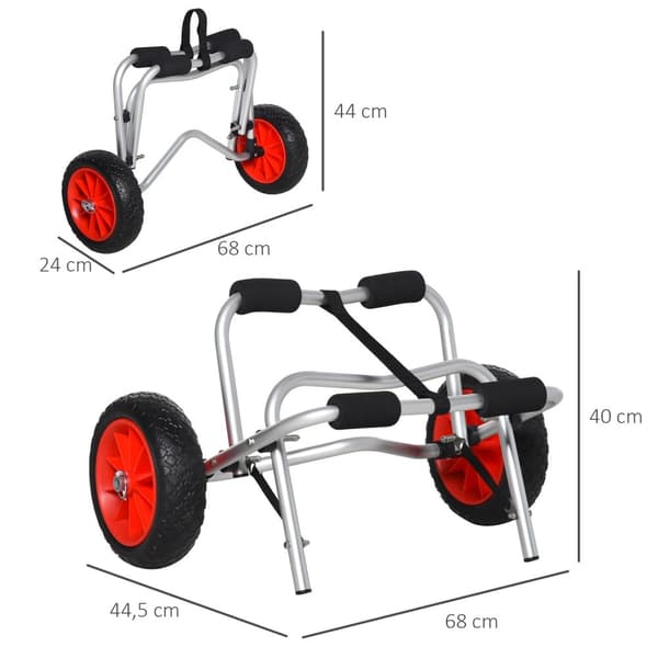 Kanovogn ​​I Aluminium, Kajakkvogn, Surfevogn, Sammenleggbar Med Stropp, Pu-Hjul, Sølv, Opptil 75 Kg, 68 X 44,5 X 40 Cm