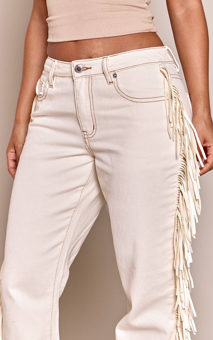 Ecru Jean Droit À Franges Latérales Petite