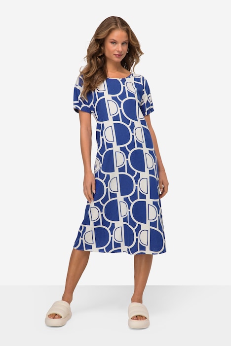 Leinenmix-Kleid, Wide Fit, elastischer Halbarm-Abschluss, Rundhals