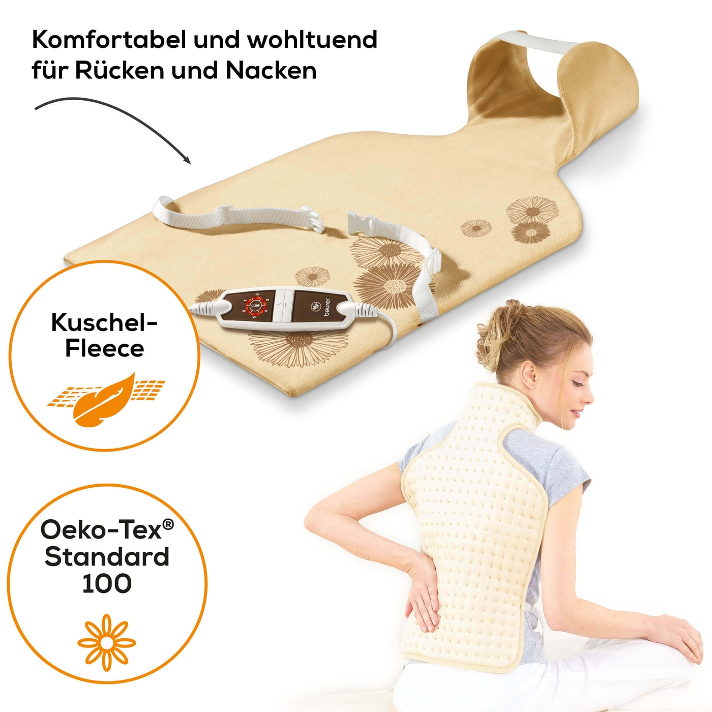 (62x42cm) HK 58  Rücken- und Nacken Heizkissen Elektrische Wärmedecke mit 6 Hitzestufen (21505) - Beige
