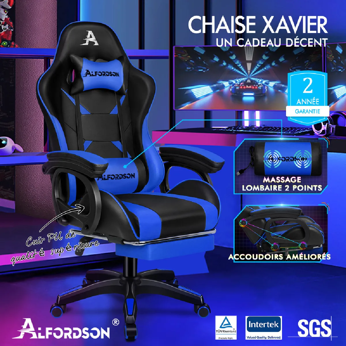 Alfordson Chaise Gaming - Bleu et Noir