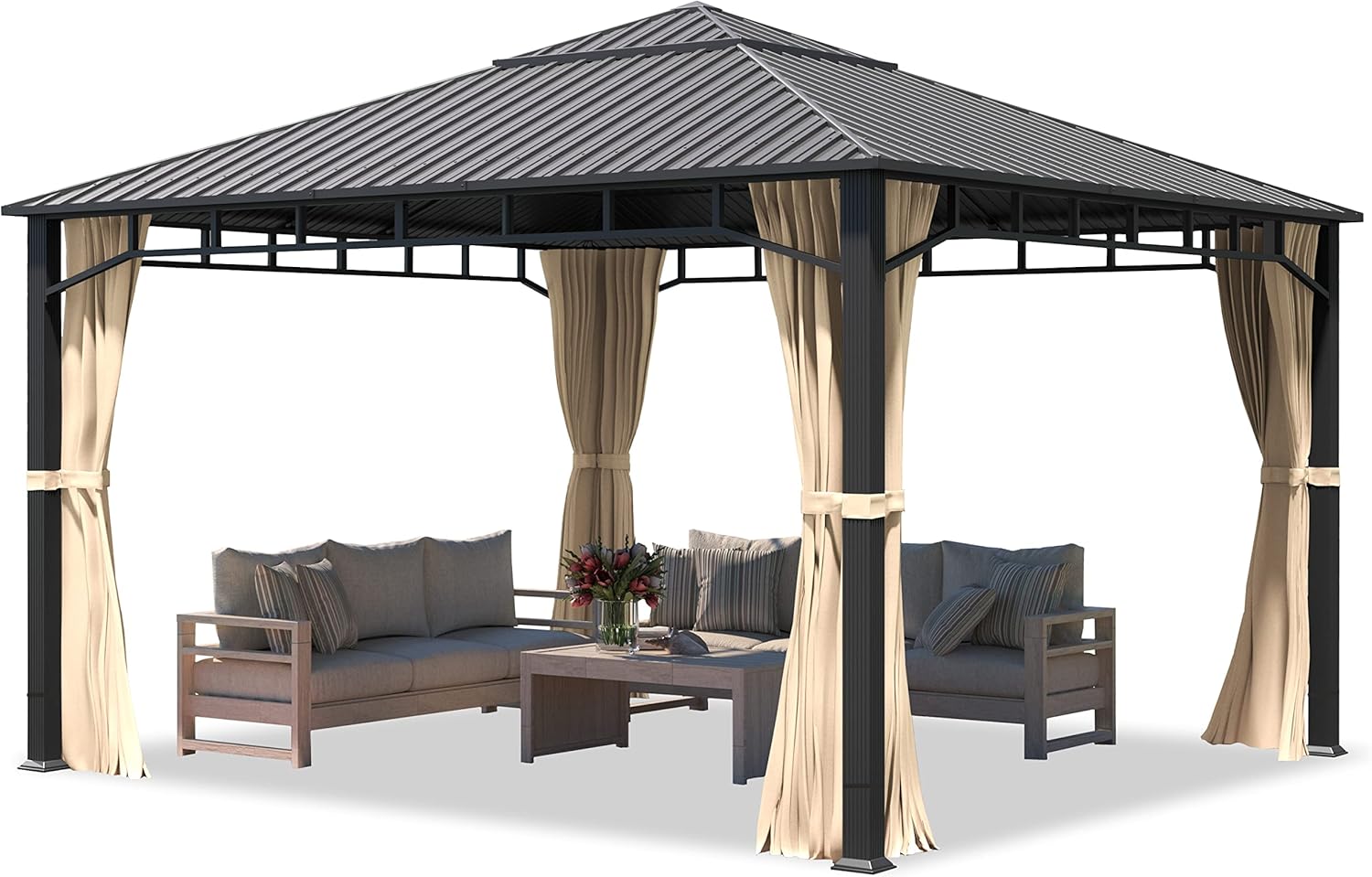 TOOLPORT Gartenpavillon 4x4 m Stahldach Hardtop 4 Seitenteile in Champagner, Pfosten 9x9 cm