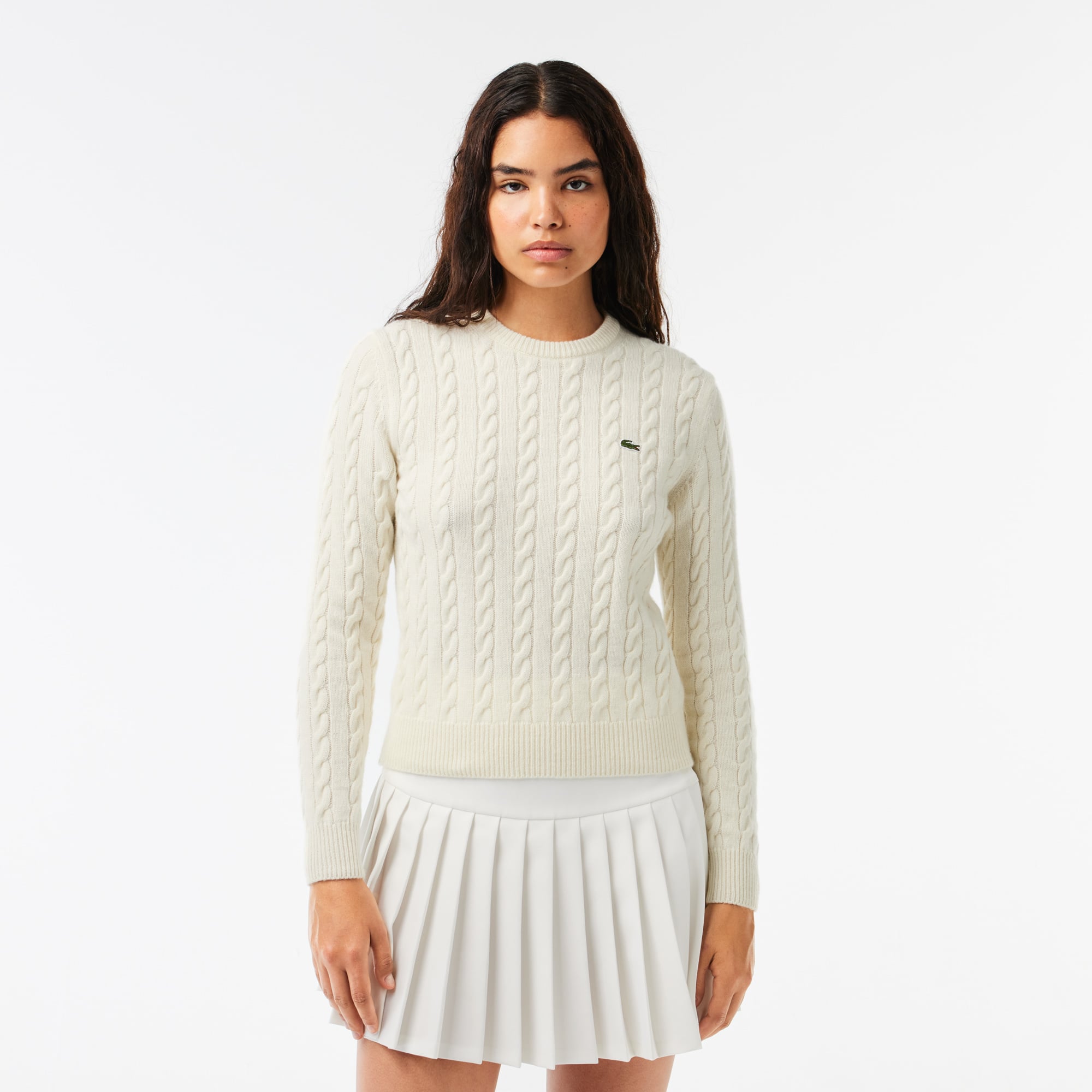 Pull à torsades moulinées en laine et coton Pullovers - Blanc - Lacoste - Femme