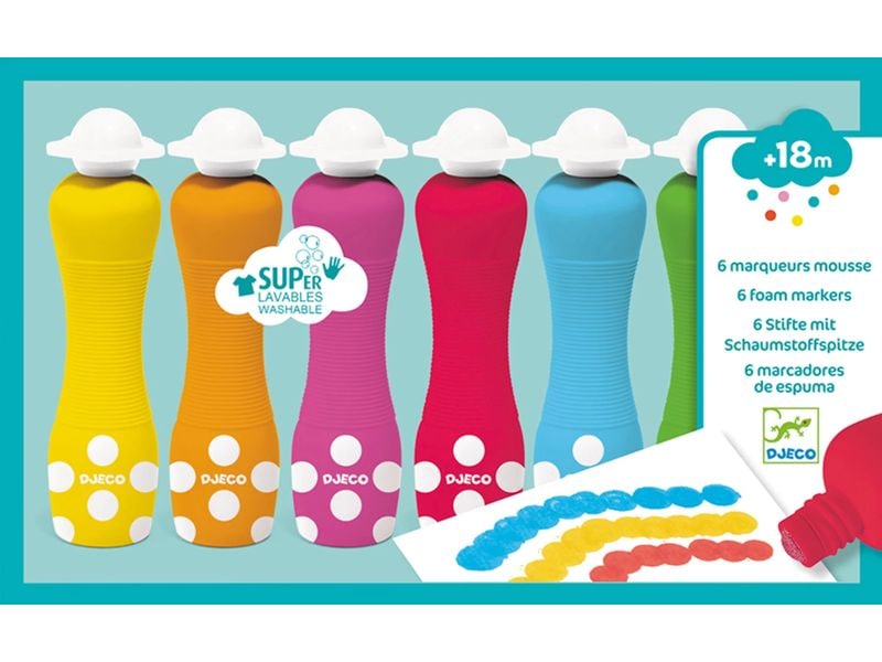 DJECO Acrylfarbe Foam Marker 6 Stück Schaumstoffmarker für hübsche Tupfen