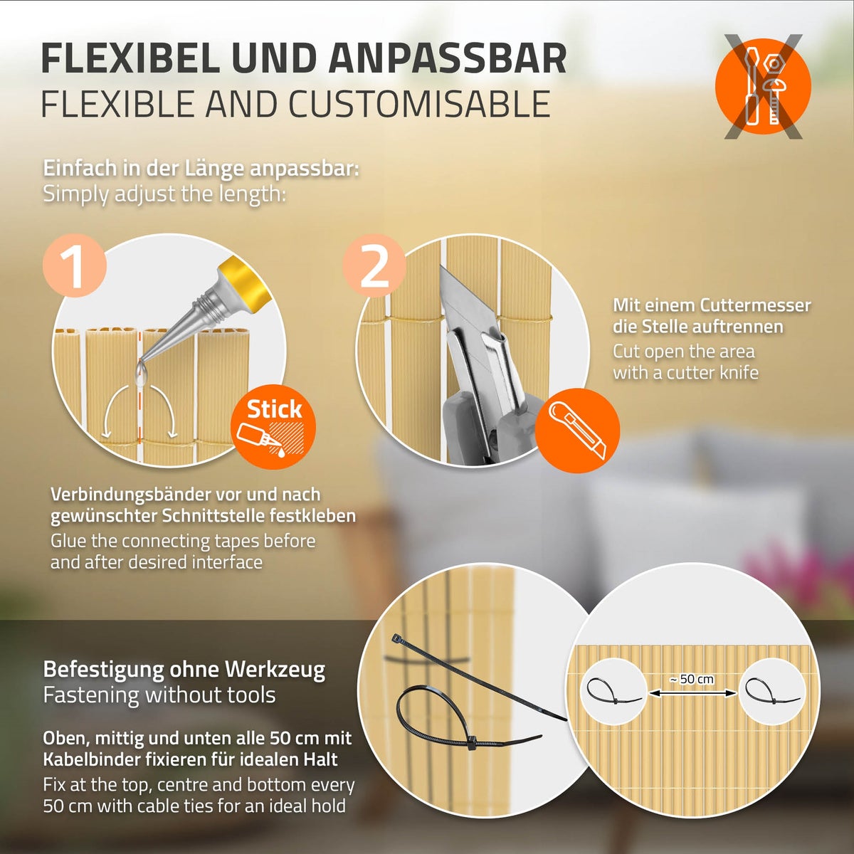 ECD Germany PVC-inkijkschermmat 140x300 cm, bamboe, inkijkscherm met 3-voudige wapening, UV-bestendig, waterdicht, windwerend, balkonbekleding, schuttingscherm, inkijkscherm voor tuin, balkon, terras