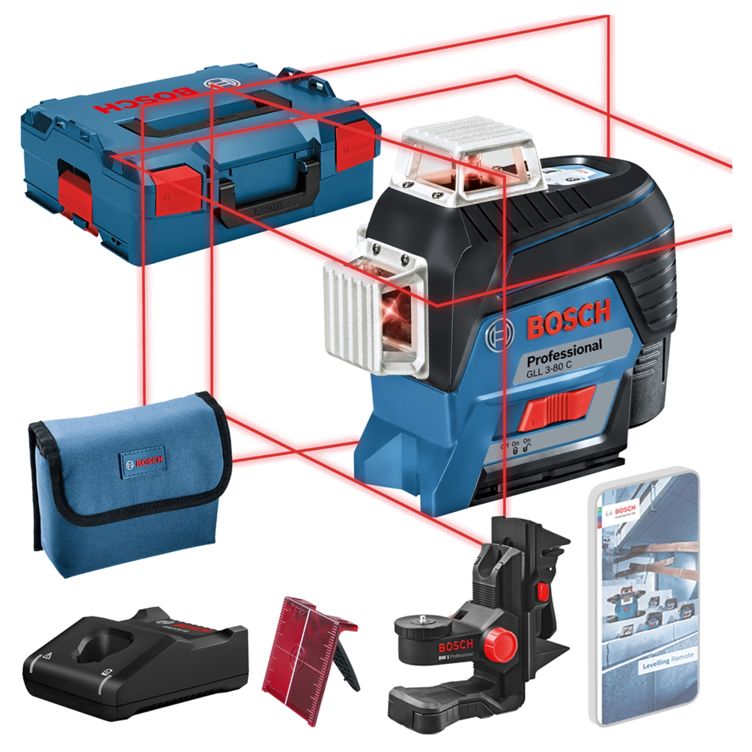 Bosch GLL 3-80 C 12V Li-Ion accu lijnlaser set (1x 2.0Ah accu) in L-boxx - Rood
