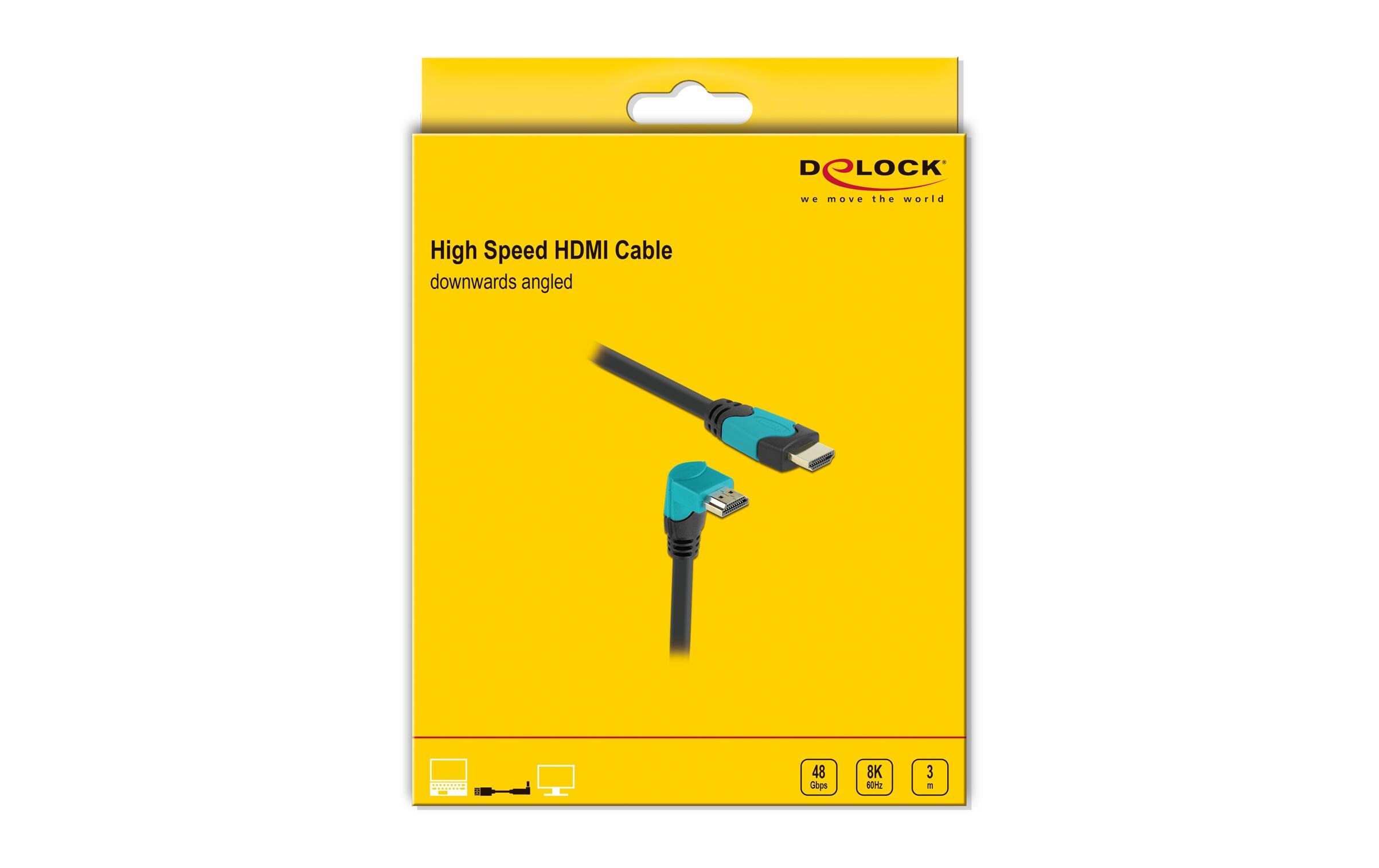 Kabel Unten gewinkelt 8K 60Hz HDMI - HDMI, 3 mDelock High Speed HDMI Kabel Stecker gerade zu Stecker 90° unten gewinkelt 48 Gbps 8K 60 Hz 3 m
