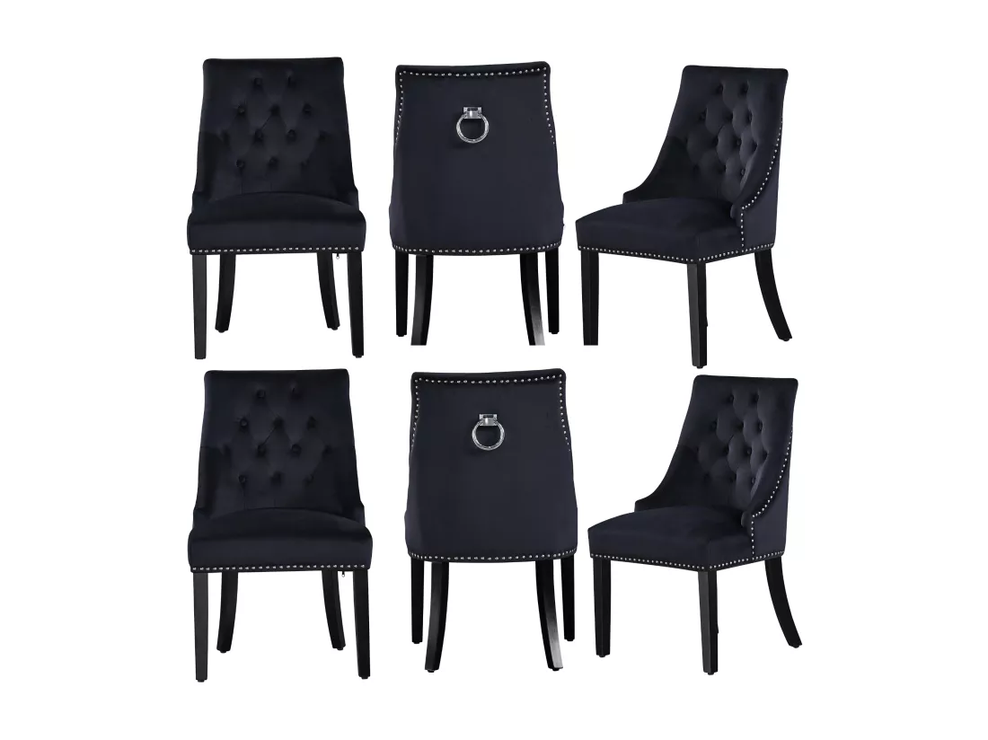 Lot de 6 chaises de salle à manger Windsor - Revêtement en velours et pieds robustes en bois massif - Parfaites pour votre salle à manger et votre salon - Noir