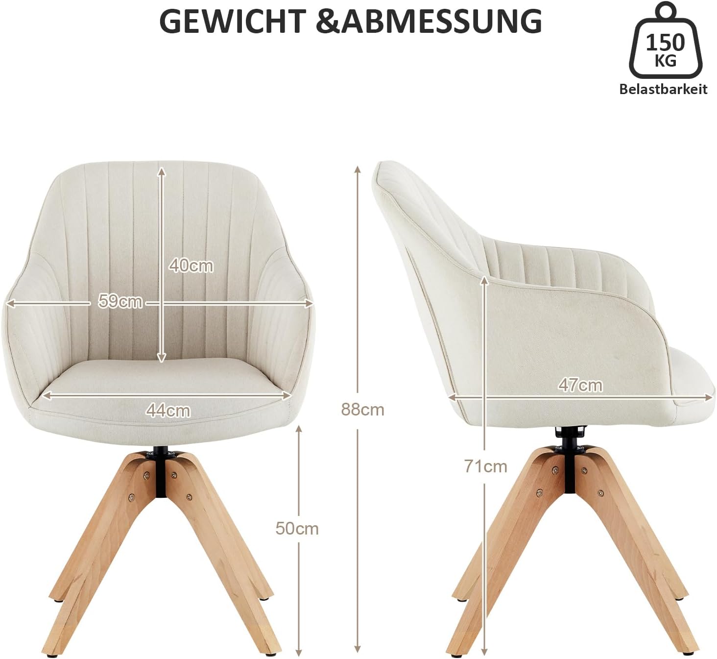 CLIPOP Drehbarer Design Stuhl Vintage Beige Buchenholz Beine Esszimmerstuhl Küchenstuhl Besucherstuhl Bürostuhl Wohnzimmerstuhl (Leinen, Beige)