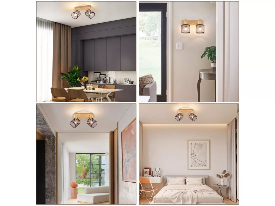 NETTLIFE Plafonnier 2 Spots noir aspect bois - plafonnier E14 orientable 350° 4 ampoules max 25w moderne pour salon chambre cuisine.