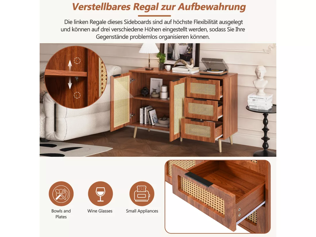 Buffet vintage en rotin avec 2 portes et 3 tiroir - 120 x 38 x 78 cm - MDF - pour cuisine et salon - Noyer