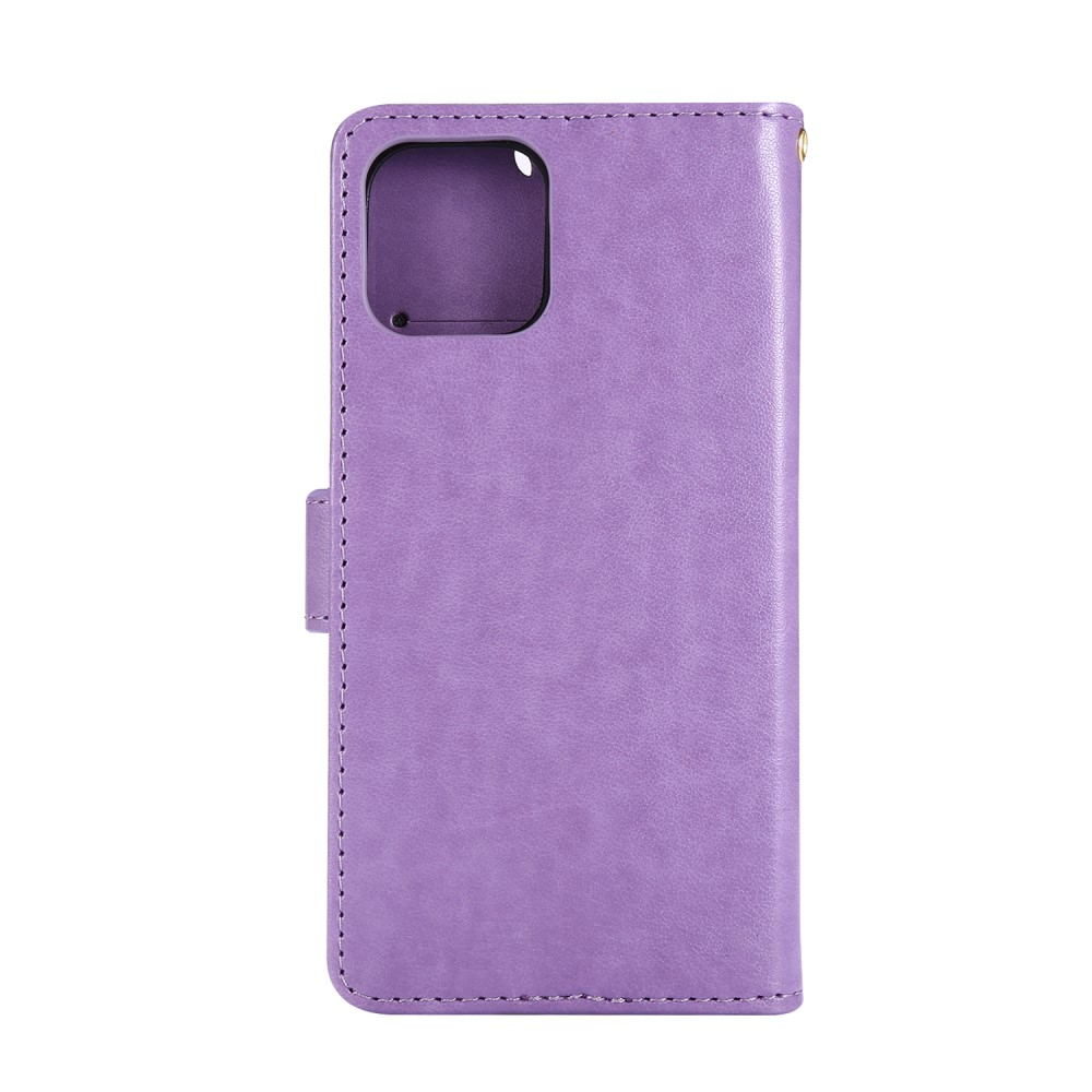 iPhone 12 / iPhone 12 Pro Leder Tasche mit Kartenfach   Handschlaufe Butterfly Flowers - Lila