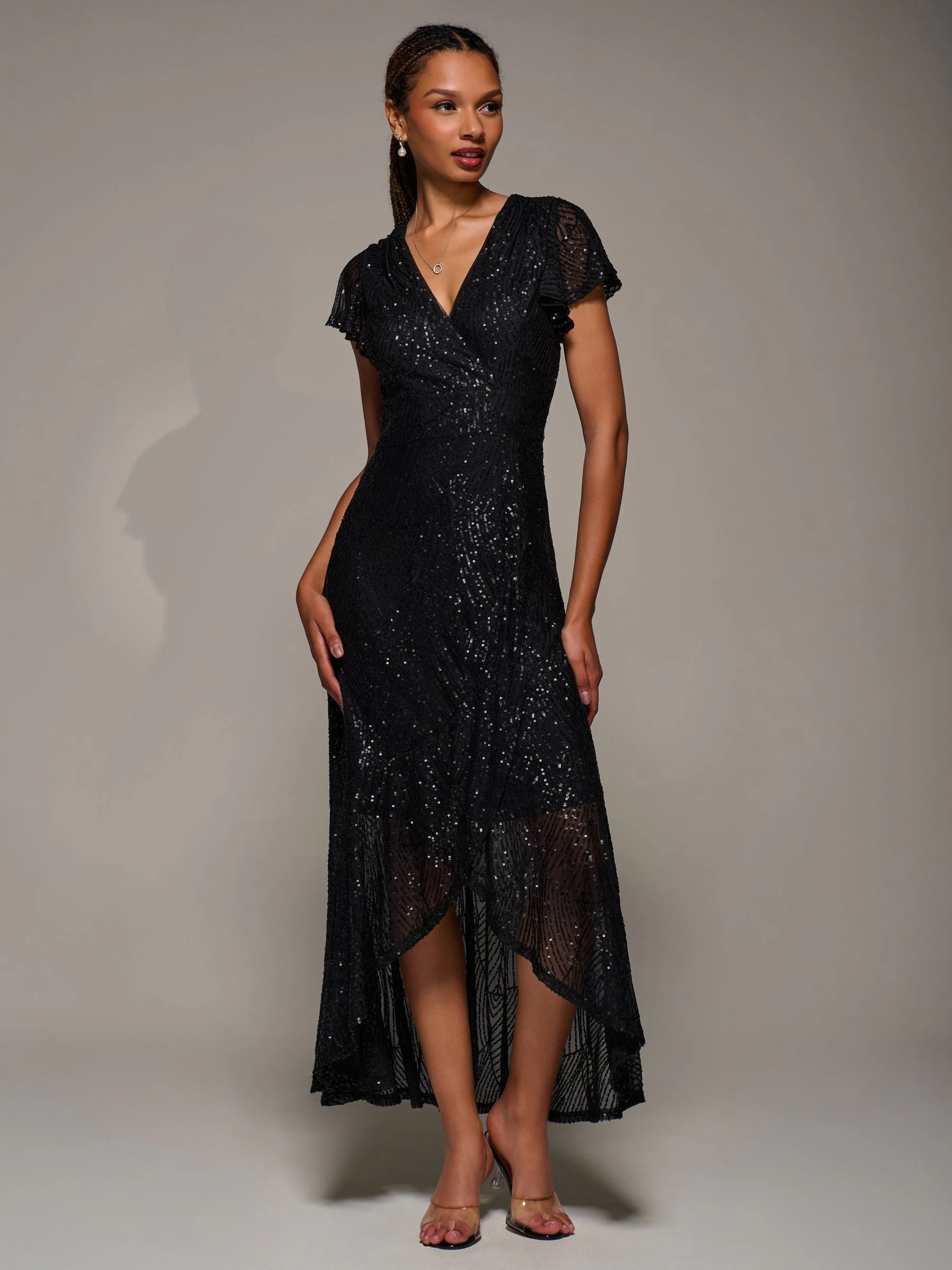 Jolie Moi Frill Short Sleeve Sequin Maxi Dress