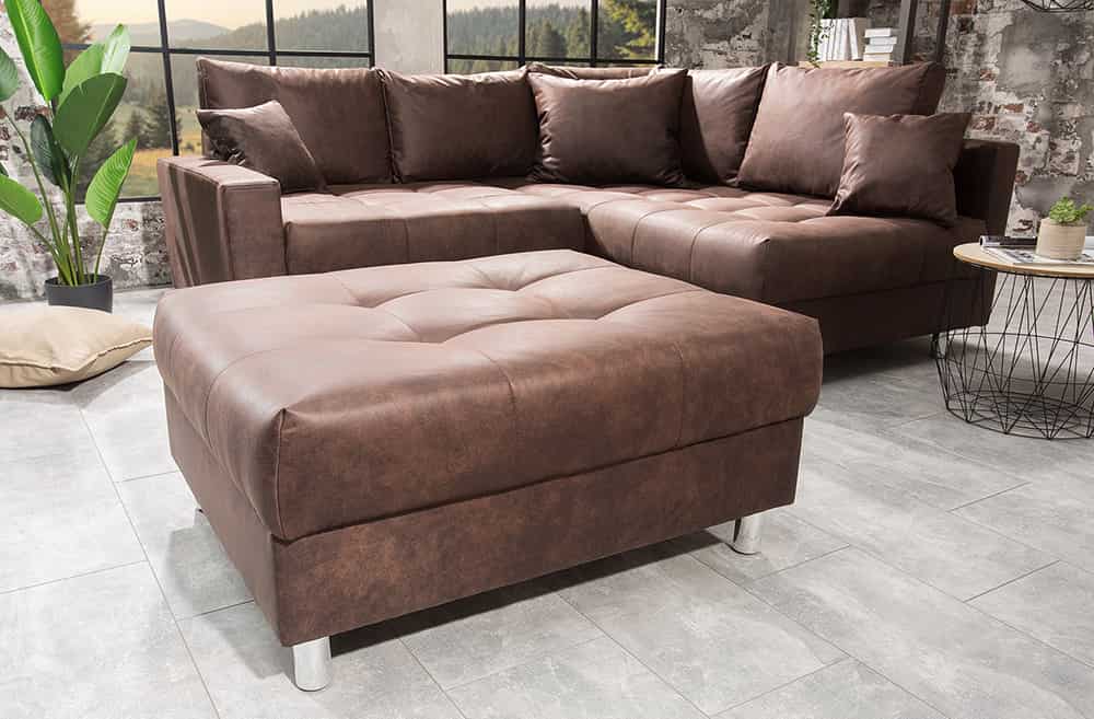 Modernes Ecksofa KENT 220cm braun Federkern Wohnlandschaft inkl. Hocker und Kissen