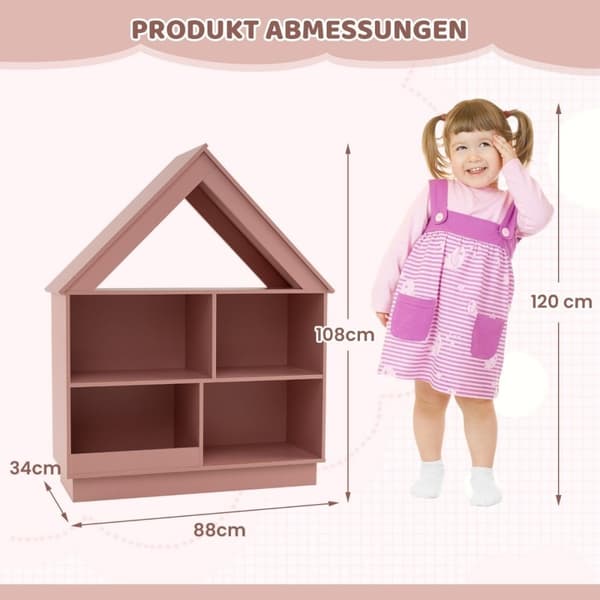 Barnehusformet bokhylle, barnehylle i tre med 5 rom, 88 x 34 x 108 cm, rosa