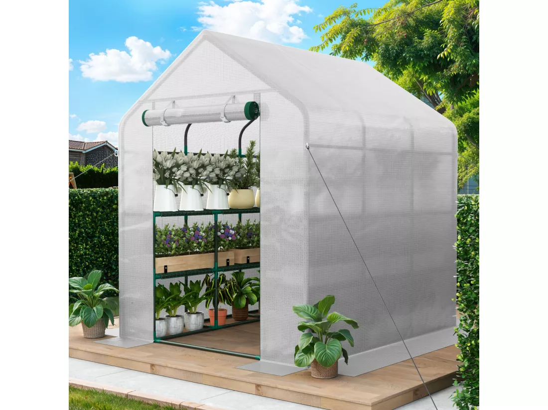 YITAHOME Serre de Jardin Blanc - 3 Niveaux 18 étagères - en Polyéthylène avec Fermeture éclair - Jardin extérieur - 143 x 214 x 195cm