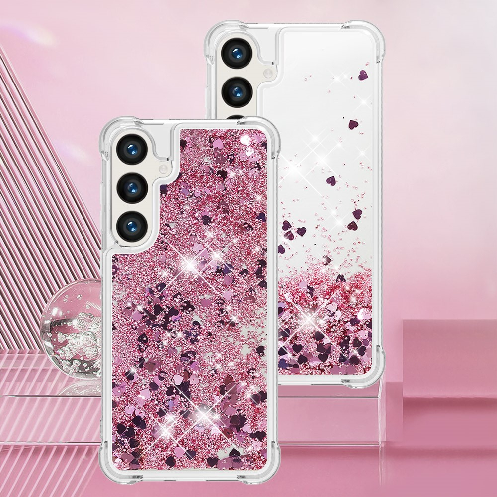 Samsung Galaxy S24 Hardcase Hülle mit Air Cushion Fallschutz Liquid Case Glitzer Herzen - Pink / Transparent