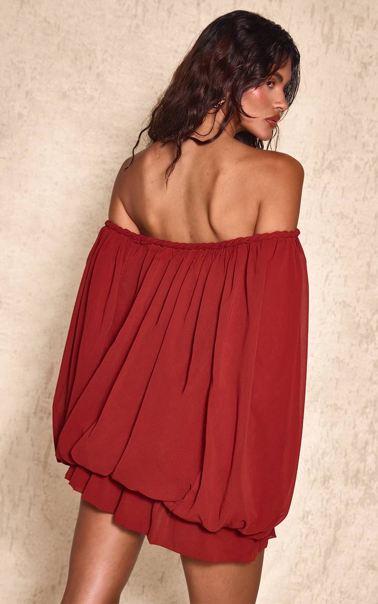 Rouille Robe Mini Fluide Bardot En Mousseline Avec Détail Torsadé