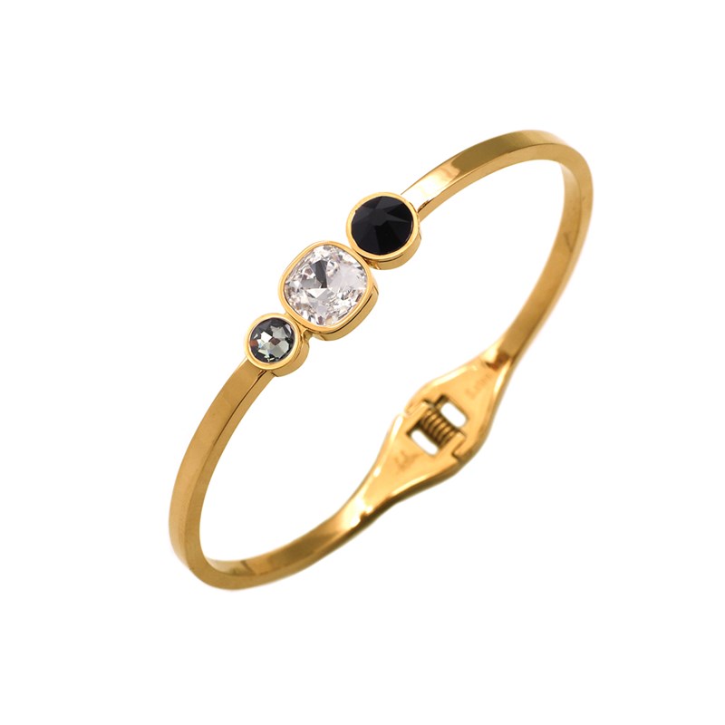 Bracelet rigide en acier doré orné de cristaux Swarovski avec pierres Crystal noir, gris et blanc