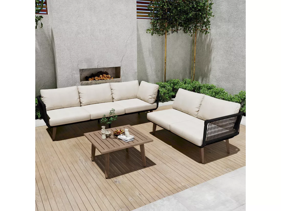 Salon de jardin, ensemble de meubles de jardin, 5 places, canapé d'angle , 1 tables basse, extérieur, acier galvanisé, Beige