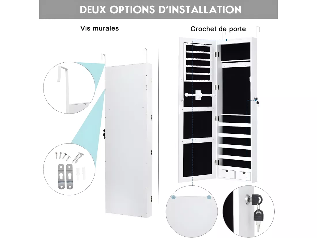 Armoire à bijoux mural avec led intégré ,37 x 9,6 x 120 cm