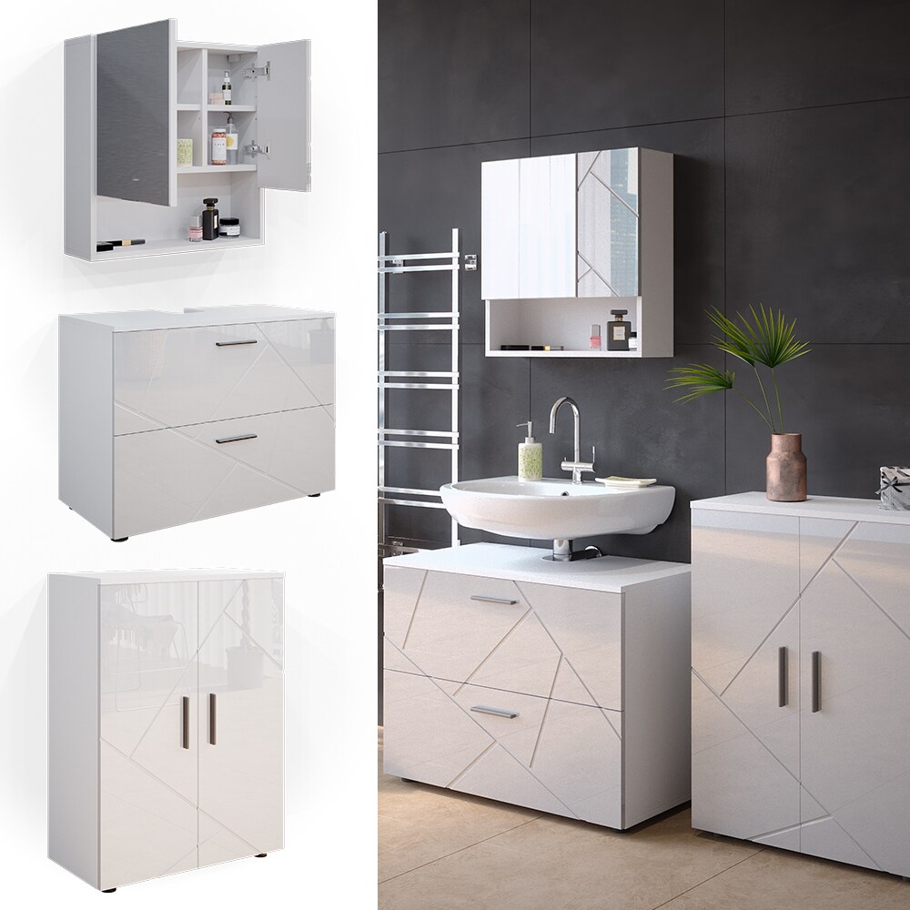 Vicco Badmöbelset Unterschrank Spiegelschrank Badschrank Irma Weiß Hochglanz Badmöbel