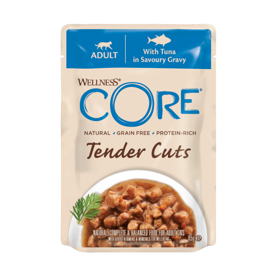 Sachê de 85g de atum Wellness Core Tender Cuts em molho para gatos