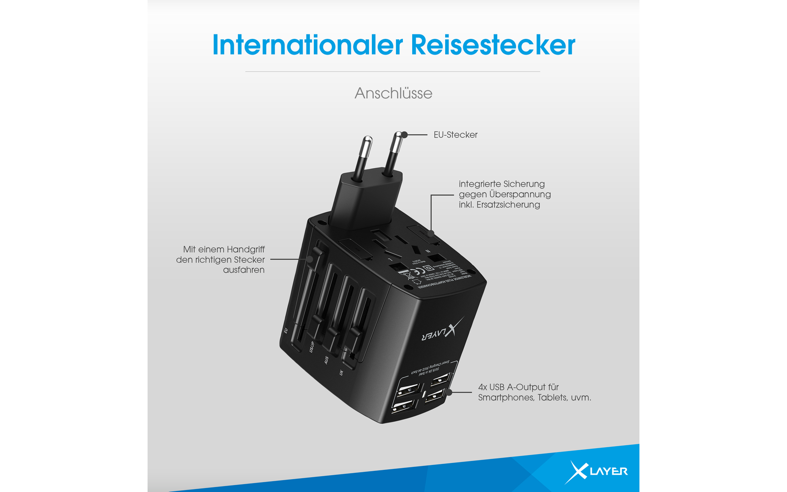 XLayer Internationaler Reisestecker weltweit schwarz