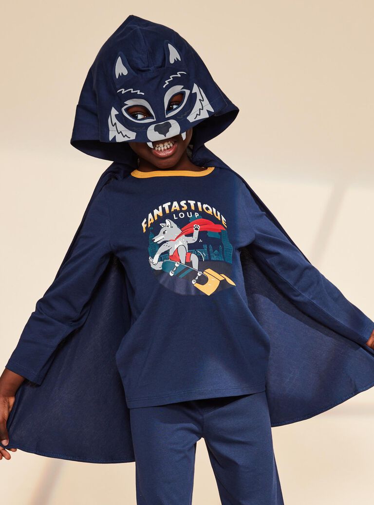 Pyjama deux pièces bleu foncé en coton avec cape tête de loup