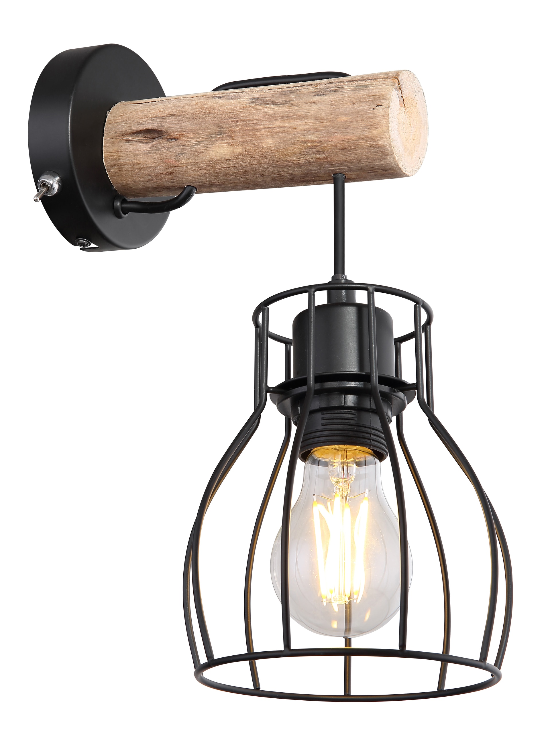 GLOBO Retrofit Wandleuchte MINA II schwarz /Holz naturfarbig