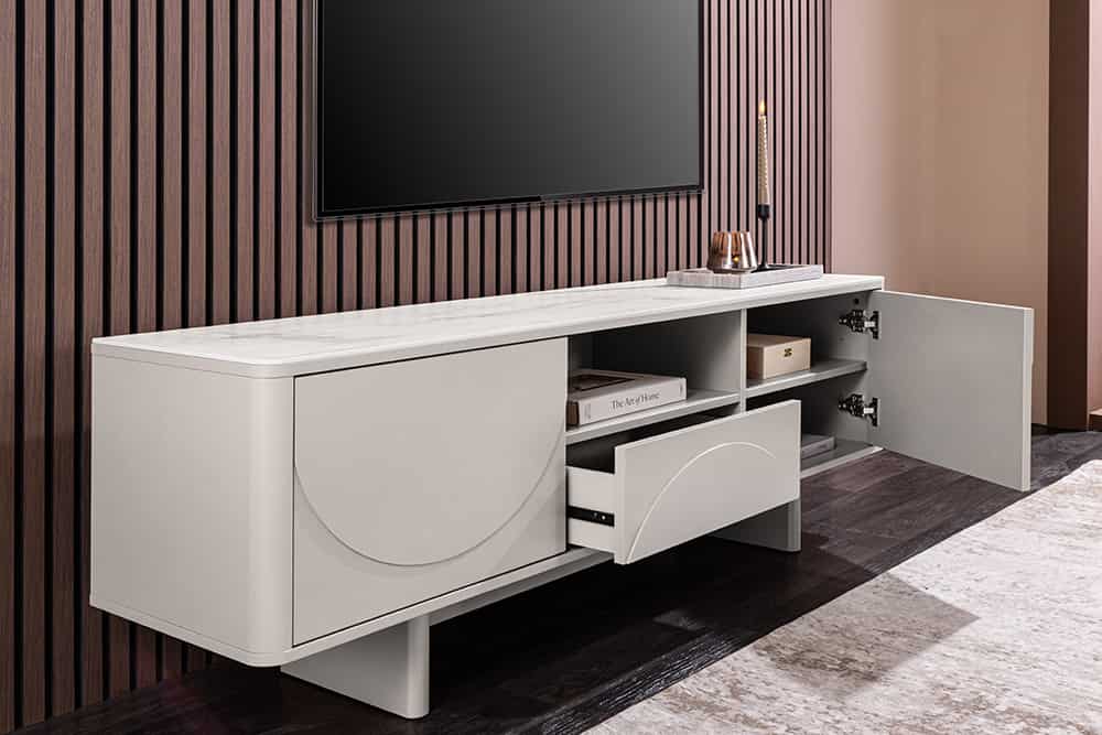 Design TV-Board SAVOY 150cm kaschmir weiß Marmor Keramik mit Stauraum und 3D-Front