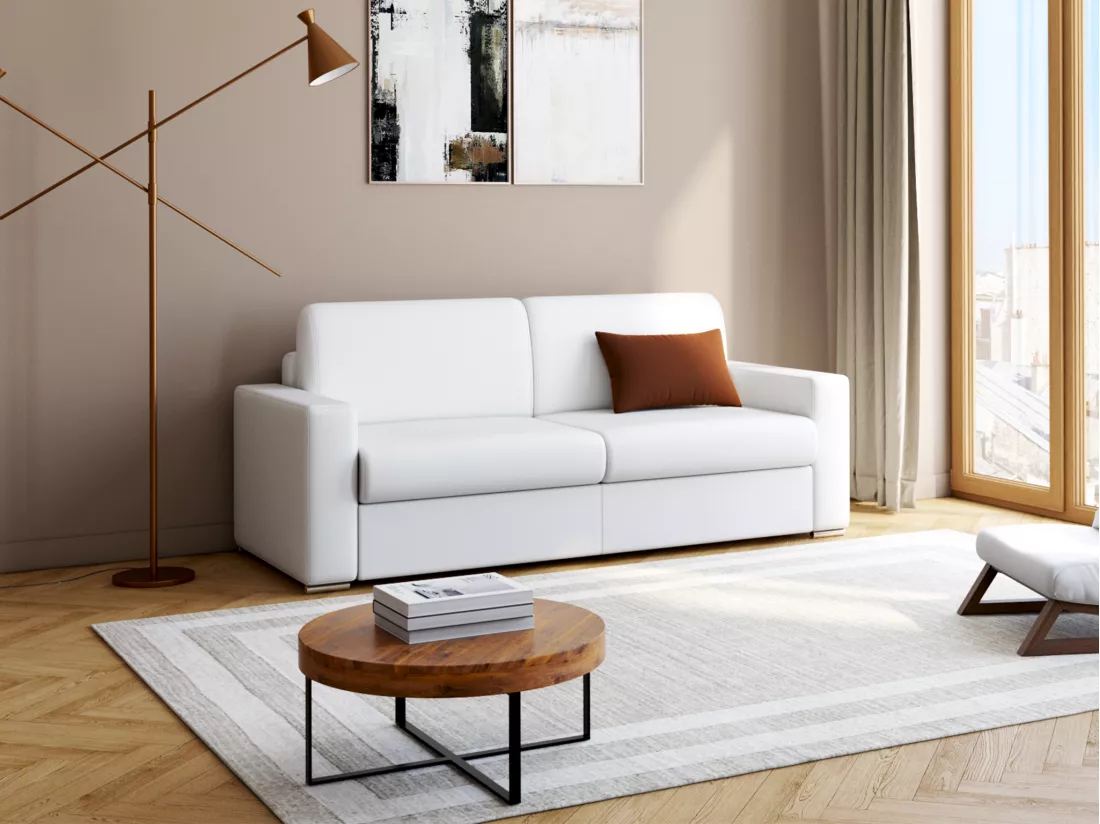 Canapé 4 places convertible express en simili blanc - Couchage 160 cm - Matelas 16 cm avec mémoire de forme CALITO