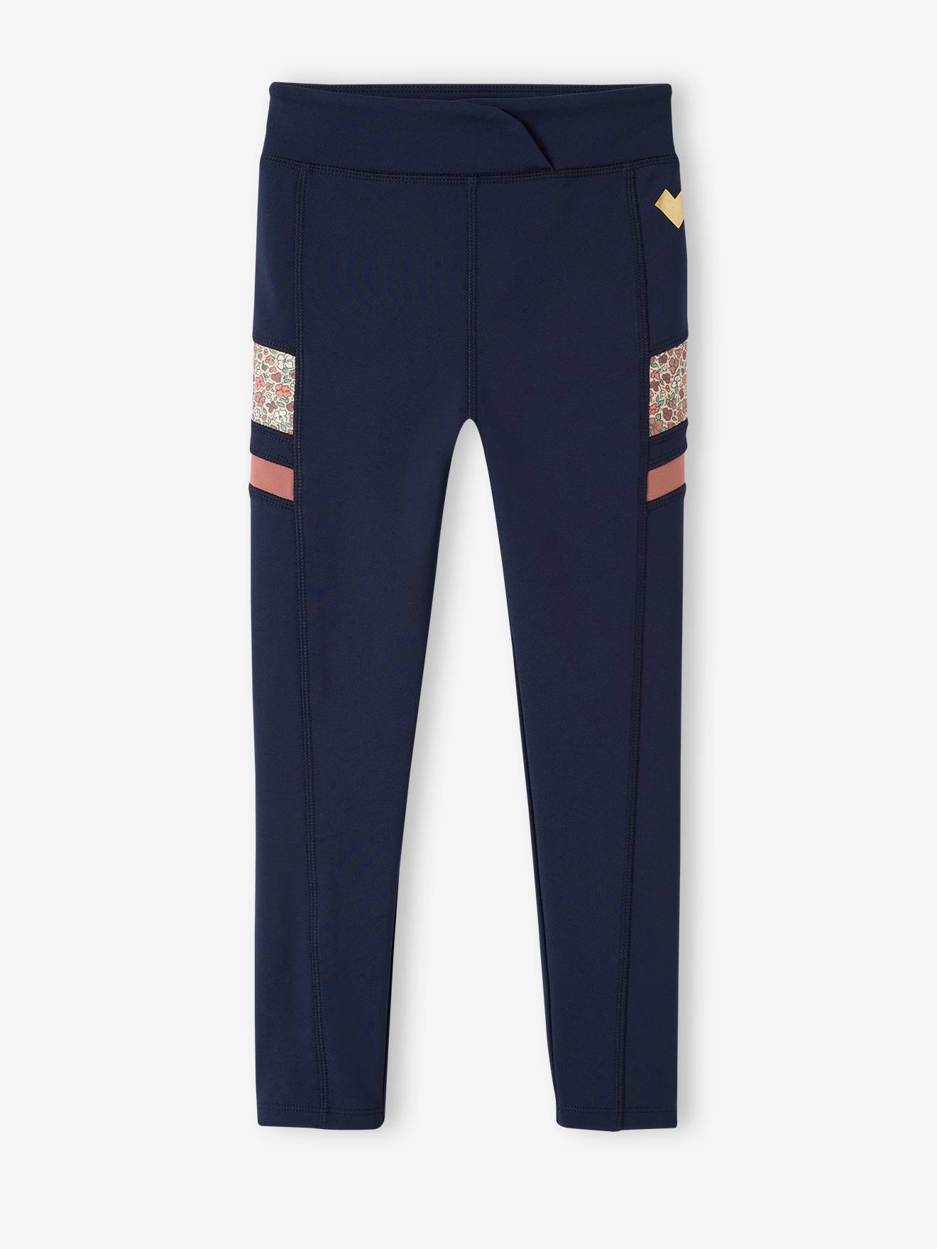 Leggings esportivas azul-marinho em tecido técnico com detalhes sofisticados para meninas.