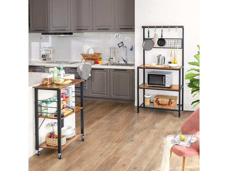VASAGLE Küchenregal mit 6 Haken 60 x 89 cm, Braun/Schwarz Regal auf Rollen