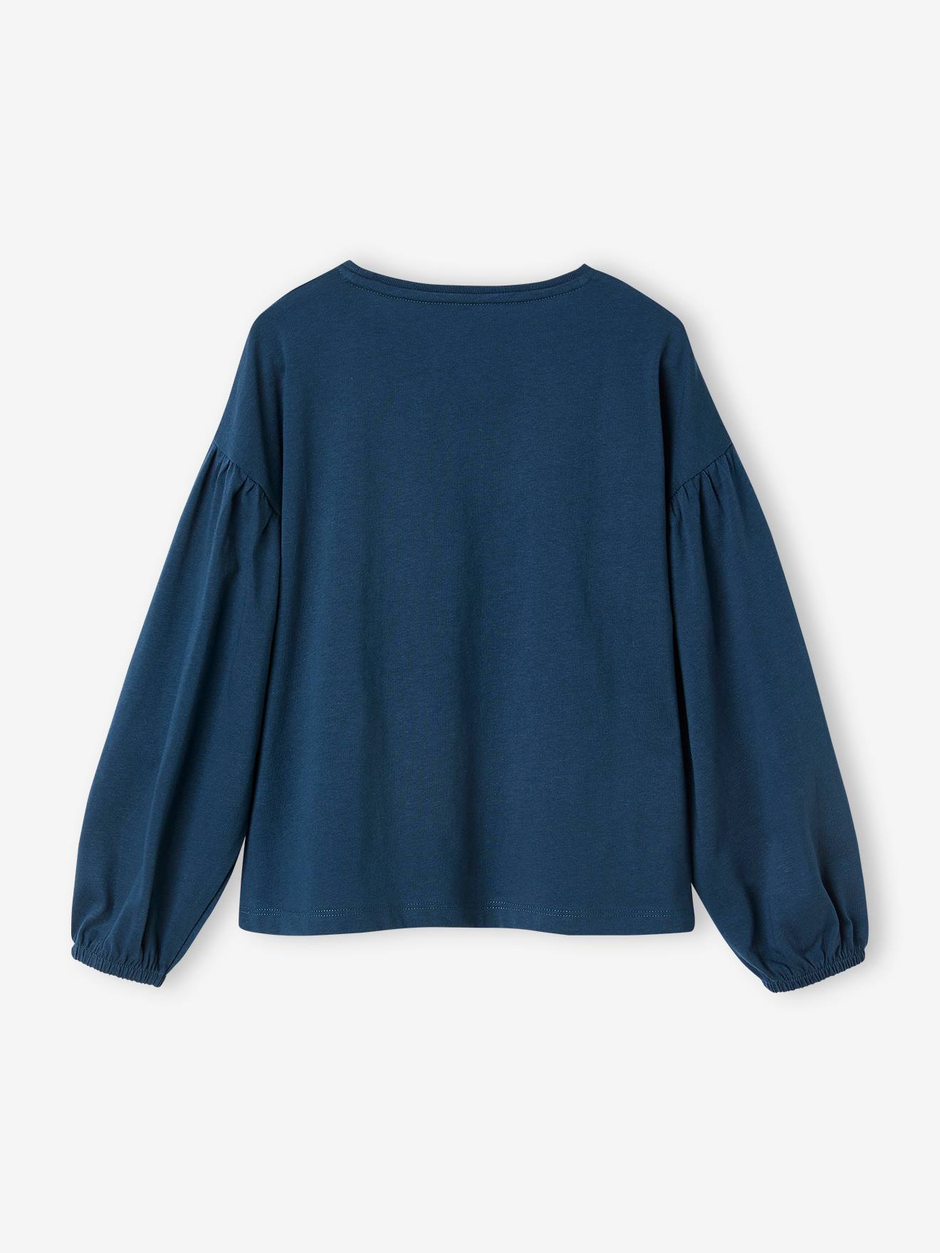 Camiseta azul marinho com detalhes brilhantes e texto em veludo para meninas.