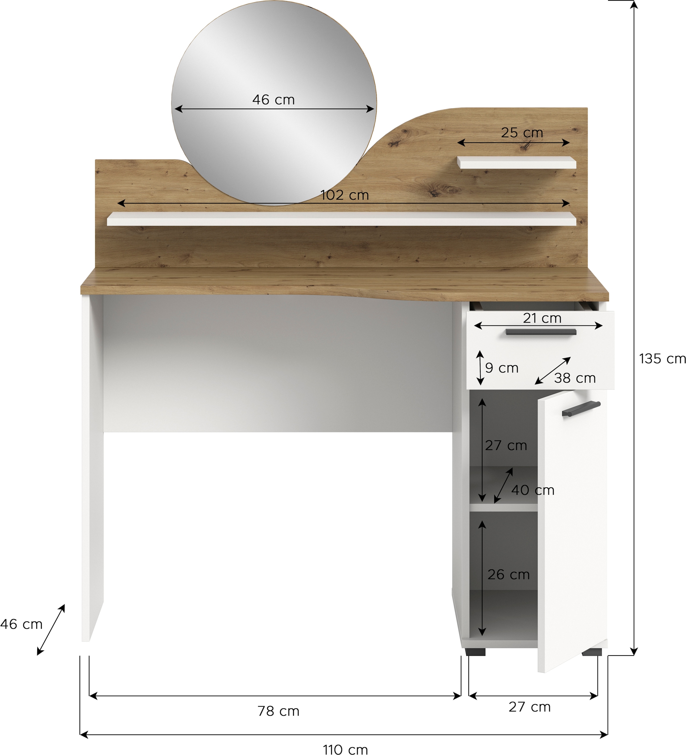 INOSIGN Konsolentisch »Hegomi, Breite 110 cm, 1 Tür, 1 Schubkasten, 2 Ablageböden, 1 Spiegel« Frisiertisch, Frisierkommode, Spiegeltisch, Schminktisch