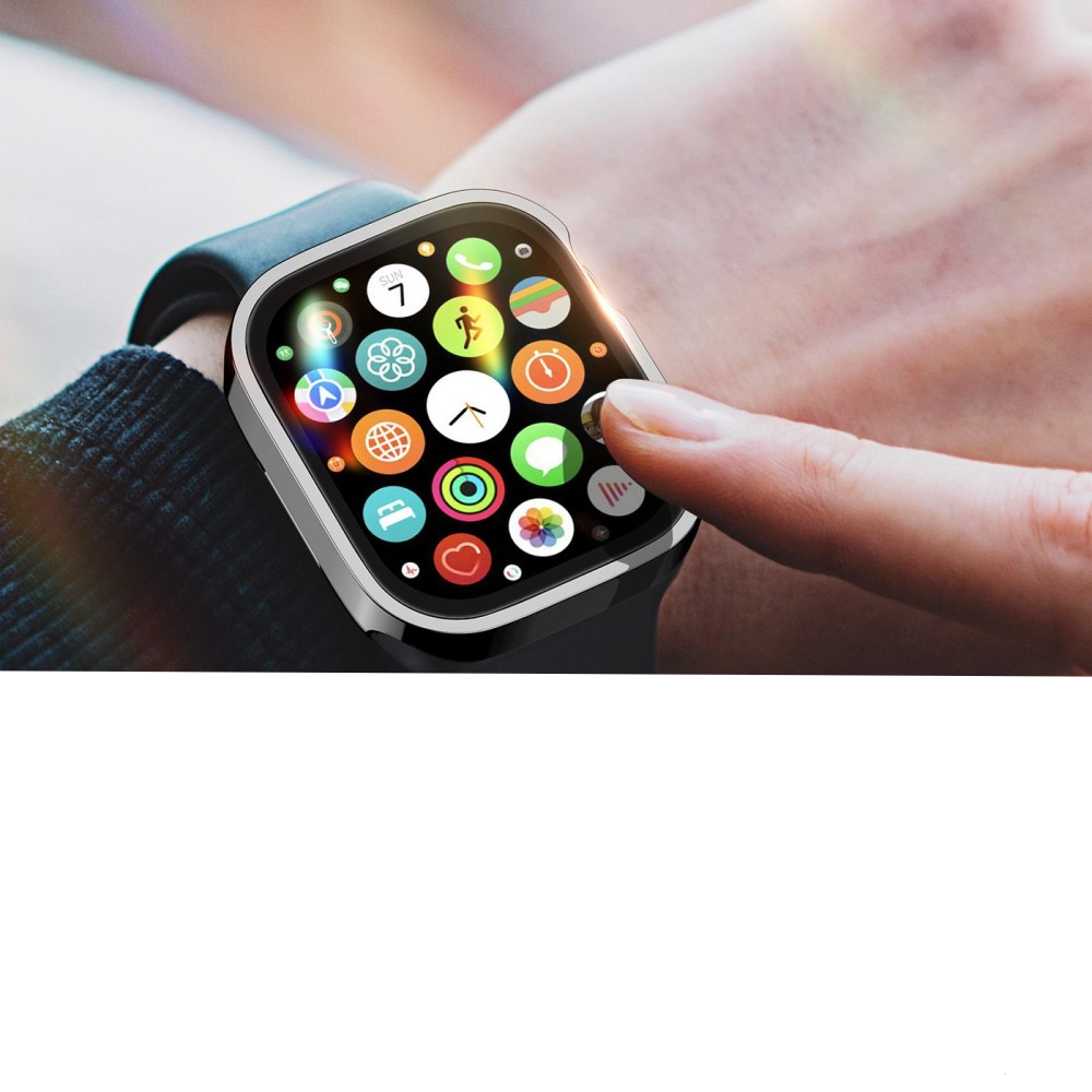 Apple Watch (44mm) Hardcase Bumper Hülle mit Galvanisiertem Rahmen   Display Schutzglas - Schwarz